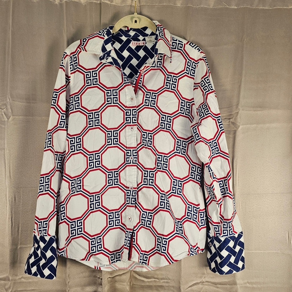 Tizzie Womens‎ Red White Blue Geometric Long Sleeve Button Down Shirt Large
